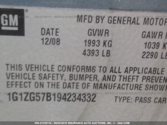 1G1ZG57B194234332 - 2009 CHEVROLET MALIBU LS Dəniz mavisi foto 9