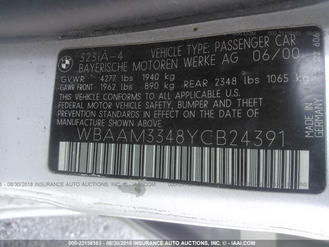 WBAAM3348YCB24391 - 2000 BMW 323 I SILVER photo 9