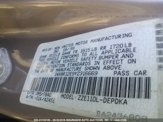 1NXBR12E9YZ316669 - 2000 TOYOTA COROLLA VE/CE/LE 金色 照片 9