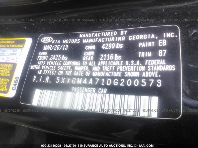 5XXGM4A71DG200573 - 2013 KIA OPTIMA LX შავი ფოტო 9