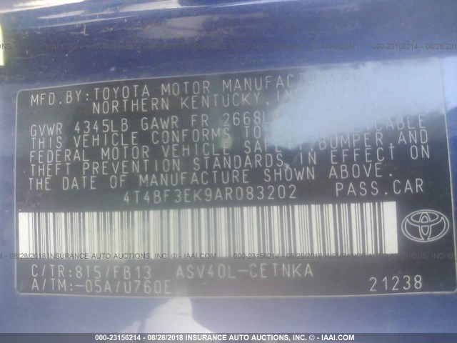 4T4BF3EK9AR083202 - 2010 TOYOTA CAMRY SE/LE/XLE 蓝色 照片 9