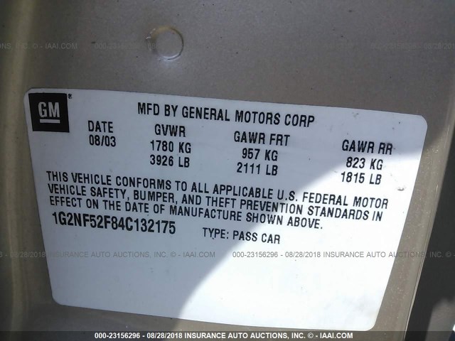 1G2NF52F84C132175 - 2004 PONTIAC GRAND AM SE1 GOLD photo 9