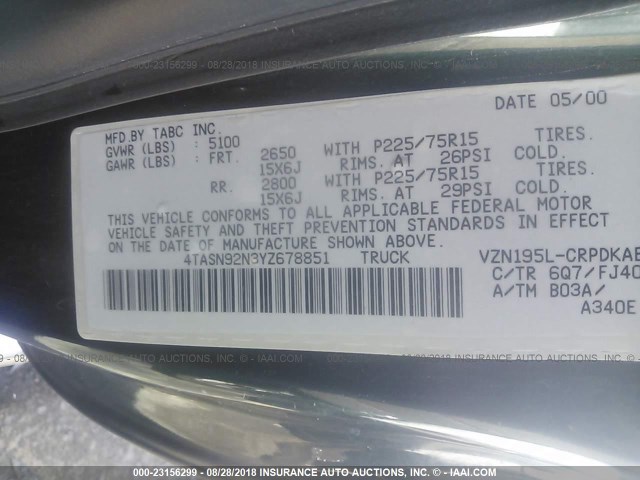 4TASN92N3YZ678851 - 2000 TOYOTA TACOMA XTRACAB PRERUNNER მწვანე ფოტო 9