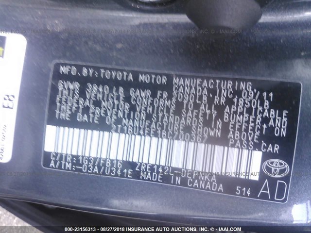 2T1BU4EE1BC700367 - 2011 TOYOTA COROLLA S/LE BLACK photo 9