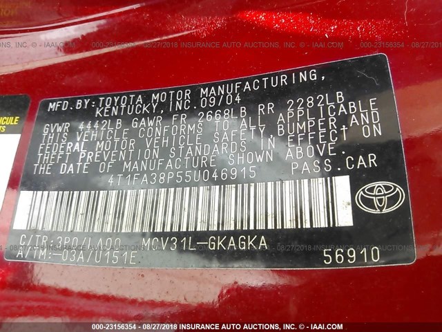 4T1FA38P55U046915 - 2005 TOYOTA CAMRY SOLARA SE/SLE RED photo 9