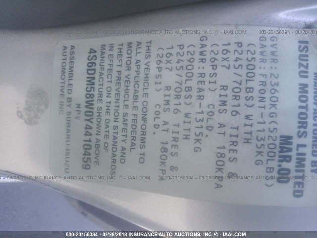 4S6DM58W0Y4410459 - 2000 HONDA PASSPORT EX/LX ვერცხლისფერი ფოტო 9