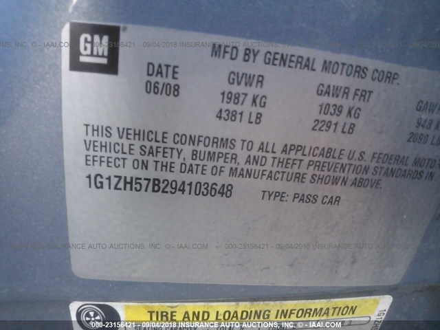 1G1ZH57B294103648 - 2009 CHEVROLET MALIBU 1LT ღია ლურჯი ფოტო 9