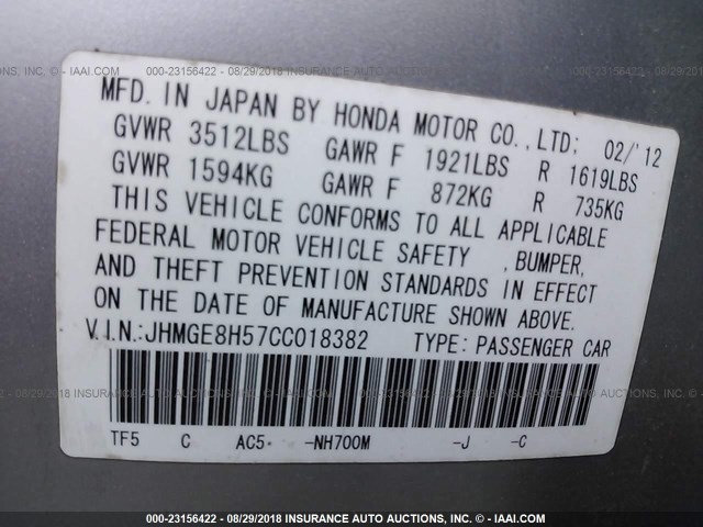 JHMGE8H57CC018382 - 2012 HONDA FIT SPORT SILVER photo 9