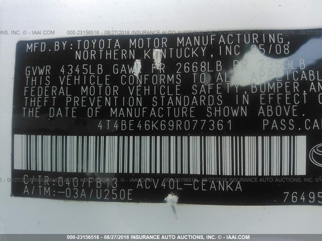 4T4BE46K69R077361 - 2009 TOYOTA CAMRY SE/LE/XLE თეთრი ფოტო 9