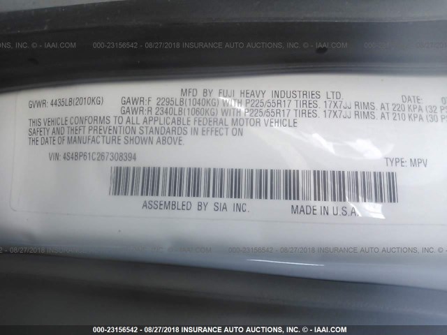 4S4BP61C267308394 - 2006 SUBARU LEGACY OUTBACK 2.5I WHITE photo 9