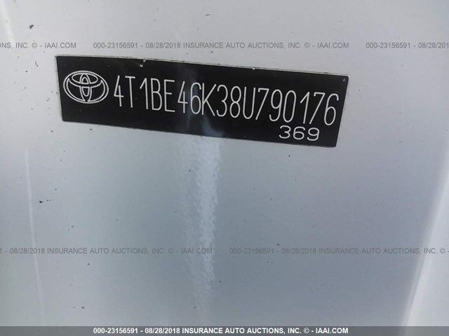 4T1BE46K38U790176 - 2008 TOYOTA CAMRY CE/LE/XLE/SE WHITE photo 9