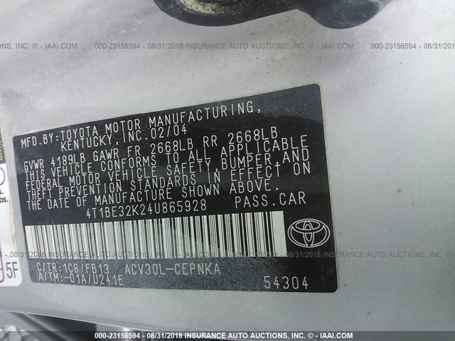 4T1BE32K24U865928 - 2004 TOYOTA CAMRY LE/XLE/SE 灰色 照片 9