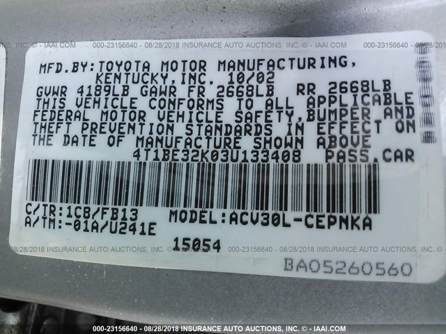 4T1BE32K03U133408 - 2003 TOYOTA CAMRY LE/XLE/SE 银色 照片 9