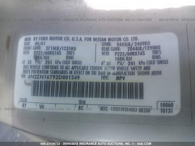 4N2ZN16T92D801549 - 2002 NISSAN QUEST SE SILVER photo 9