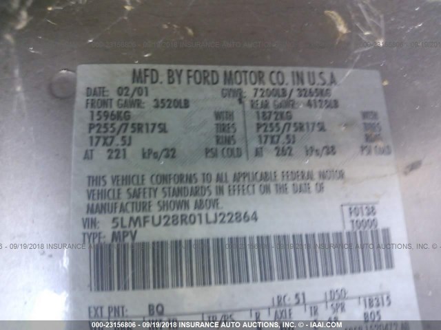 5LMFU28R01LJ22864 - 2001 LINCOLN NAVIGATOR Kalay fotoğraf 9