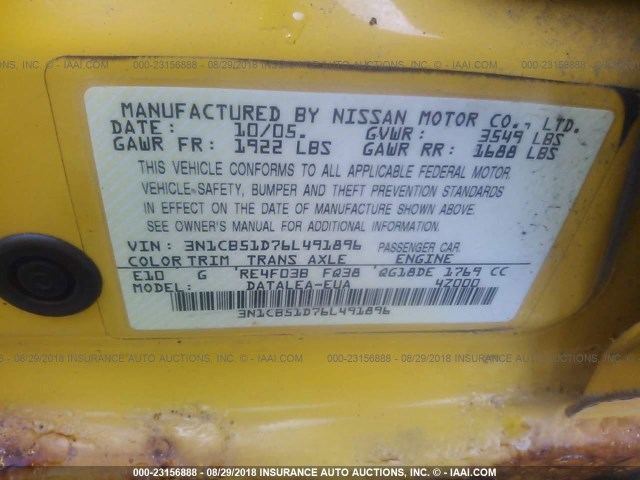 3N1CB51D76L491896 - 2006 NISSAN SENTRA 1.8/1.8S YELLOW photo 9