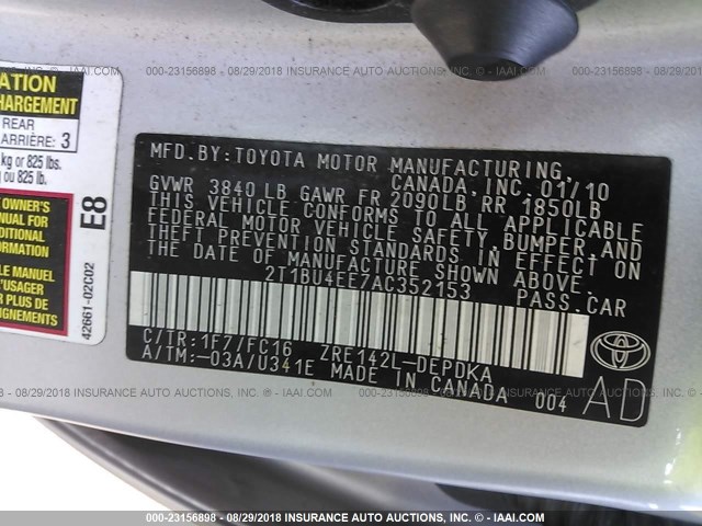 2T1BU4EE7AC352153 - 2010 TOYOTA COROLLA S/LE/XLE SILVER photo 9