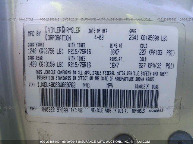 1J4GL48K83W669762 - 2003 JEEP LIBERTY SPORT/FREEDOM ვერცხლისფერი ფოტო 9