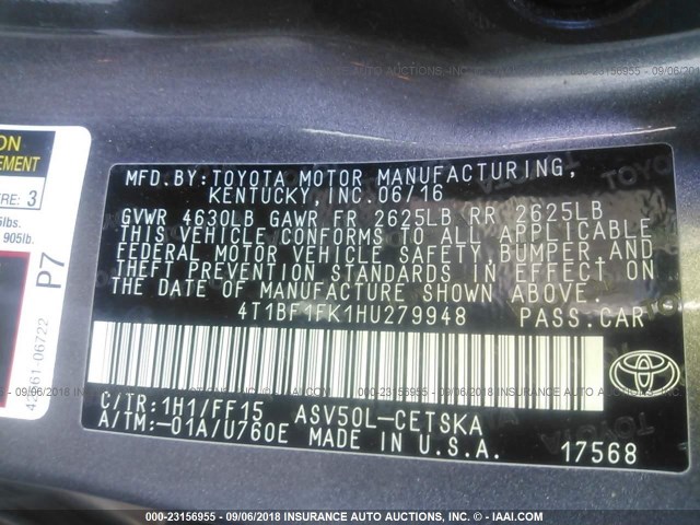 4T1BF1FK1HU279948 - 2017 TOYOTA CAMRY LE/XLE/SE/XSE 灰色 照片 9