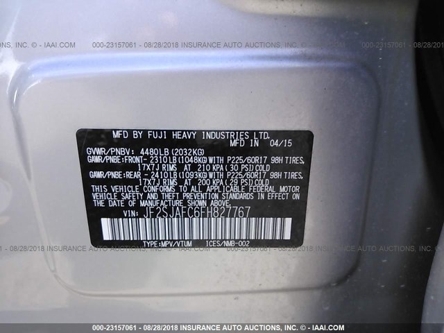 JF2SJAFC6FH827767 - 2015 SUBARU FORESTER 2.5I PREMIUM SILVER photo 9