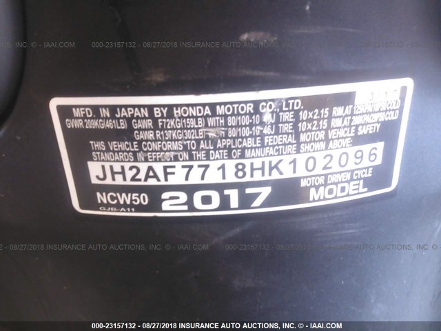 JH2AF7718HK102096 - 2017 HONDA NCW50 BLACK photo 10