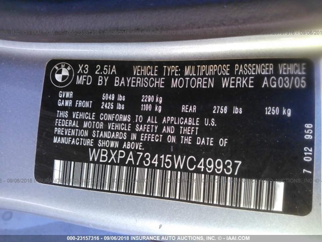 WBXPA73415WC49937 - 2005 BMW X3 2.5I SILVER photo 9