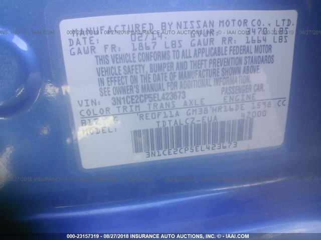 3N1CE2CP5EL423673 - 2014 NISSAN VERSA NOTE S/S PLUS/SV/SL BLUE photo 9