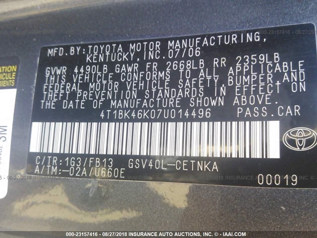 4T1BK46K07U014496 - 2007 TOYOTA CAMRY NEW GENERAT LE/XLE/SE GRAY photo 9