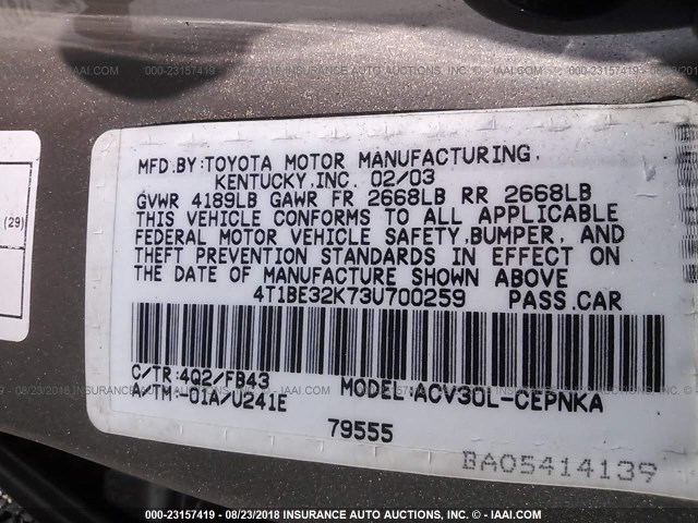 4T1BE32K73U700259 - 2003 TOYOTA CAMRY LE/XLE/SE Qızıl foto 9