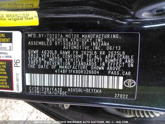 4T4BF1FK8DR326604 - 2013 TOYOTA CAMRY L/SE/LE/XLE 黑色 照片 9