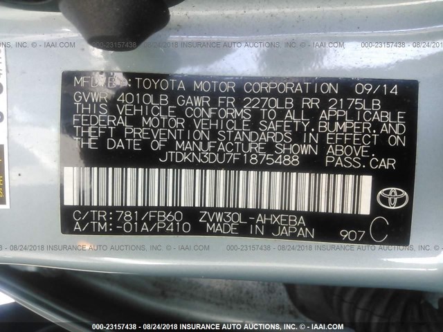 JTDKN3DU7F1875488 - 2015 TOYOTA PRIUS SILVER photo 9