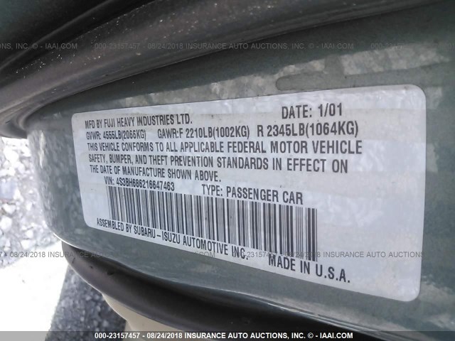 4S3BH686216647463 - 2001 SUBARU LEGACY OUTBACK LIMITED GREEN photo 9