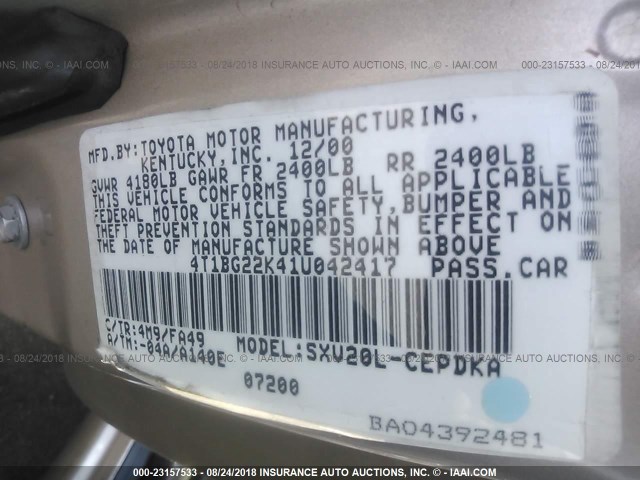 4T1BG22K41U042417 - 2001 TOYOTA CAMRY CE/LE/XLE 金色 照片 9