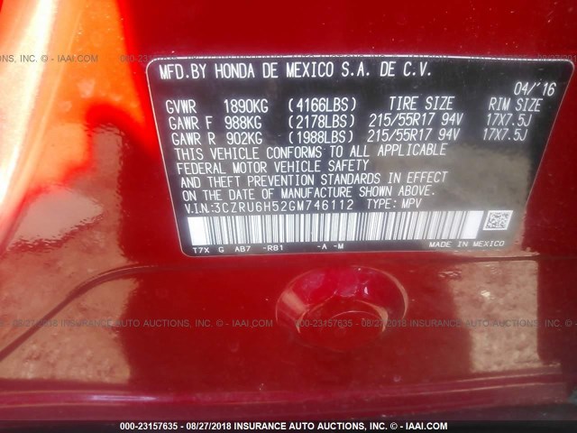 3CZRU6H52GM746112 - 2016 HONDA HR-V EX RED photo 9