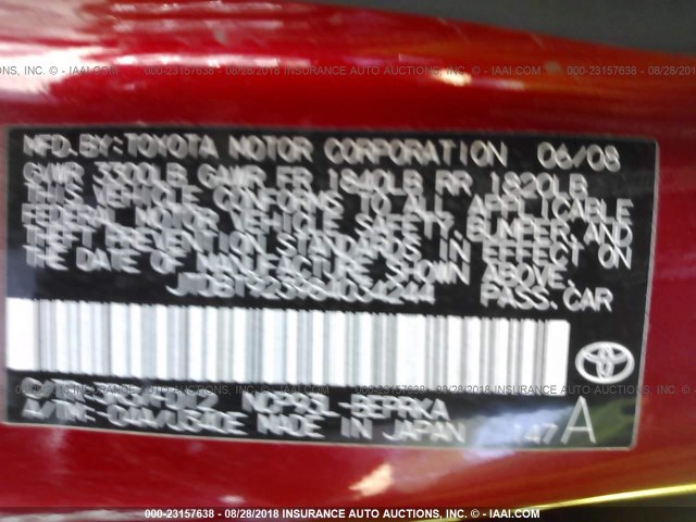 JTDBT923984034244 - 2008 TOYOTA YARIS RED photo 9