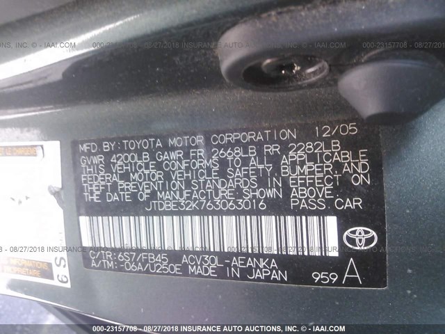 JTDBE32K763063016 - 2006 TOYOTA CAMRY LE/XLE 绿色 照片 9