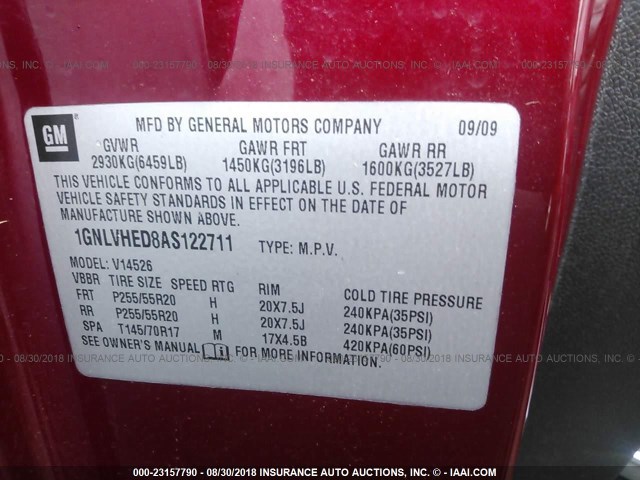 1GNLVHED8AS122711 - 2010 CHEVROLET TRAVERSE LTZ BURGUNDY photo 9