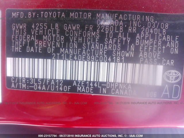 2T1LE40E99C004181 - 2009 TOYOTA COROLLA MATRIX S RED photo 9