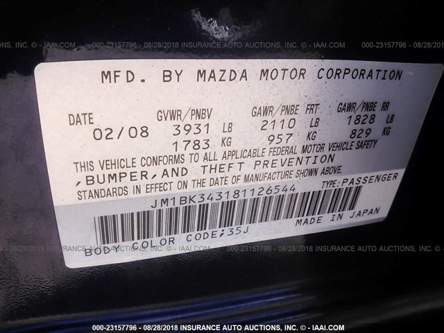 JM1BK343181126544 - 2008 MAZDA 3 HATCHBACK BLUE photo 9