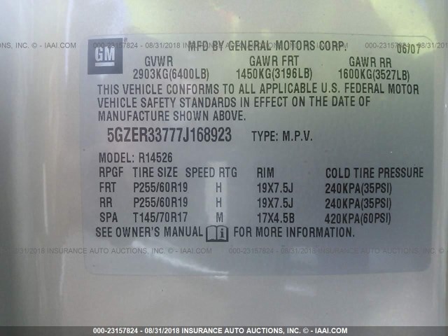 5GZER33777J168923 - 2007 SATURN OUTLOOK SPECIAL ოქროსფერი ფოტო 9