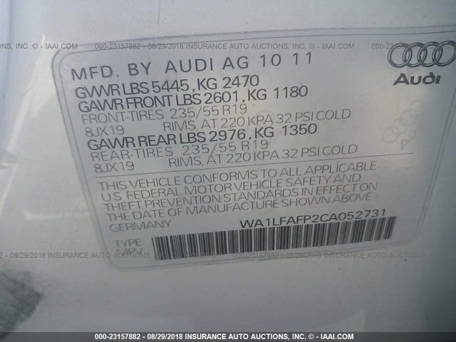 WA1LFAFP2CA052731 - 2012 AUDI Q5 PREMIUM PLUS SILVER photo 9