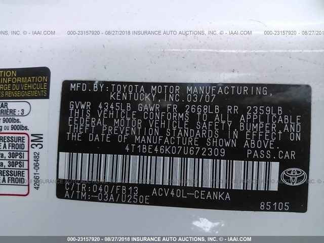 4T1BE46K07U672309 - 2007 TOYOTA CAMRY NEW GENERAT CE/LE/XLE/SE WHITE photo 9