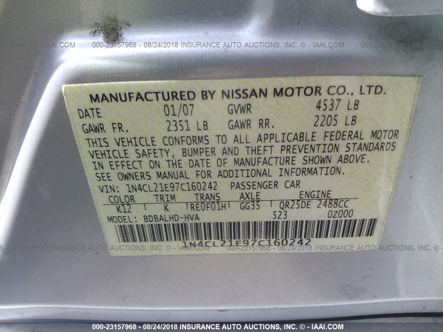 1N4CL21E97C160242 - 2007 NISSAN ALTIMA HYBRID SILVER photo 9