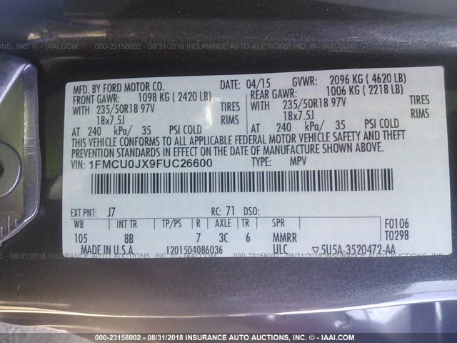 1FMCU0JX9FUC26600 - 2015 FORD ESCAPE TITANIUM GRAY photo 9