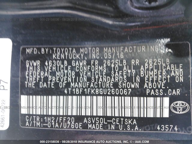 4T1BF1FK8GU260067 - 2016 TOYOTA CAMRY LE/XLE/SE/XSE 黑色 照片 9