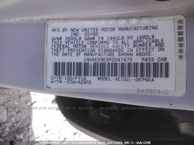 1NXAE09E9PZ047479 - 1993 TOYOTA COROLLA LE/DX 银色 照片 9