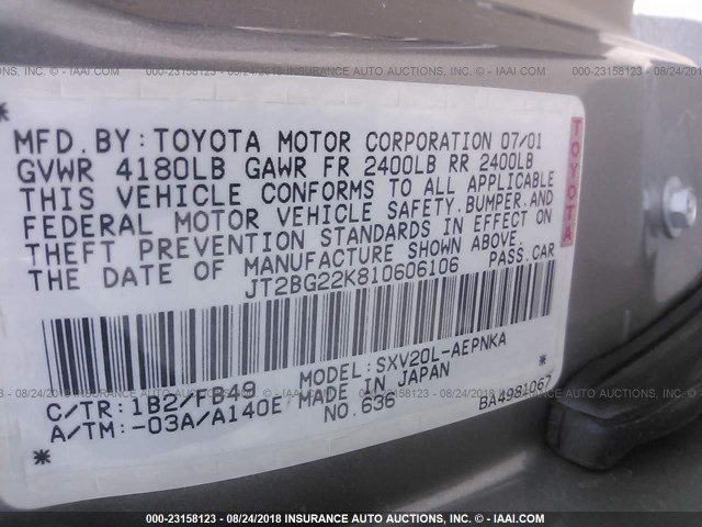 JT2BG22K810606106 - 2001 TOYOTA CAMRY CE/LE/XLE TAN photo 9