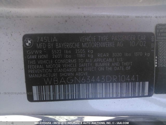 WBAGN63443DR10441 - 2003 BMW 745 LI فضي صورة 9
