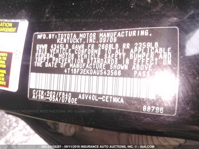 4T1BF3EK0AU543566 - 2010 TOYOTA CAMRY SE/LE/XLE BLACK photo 9