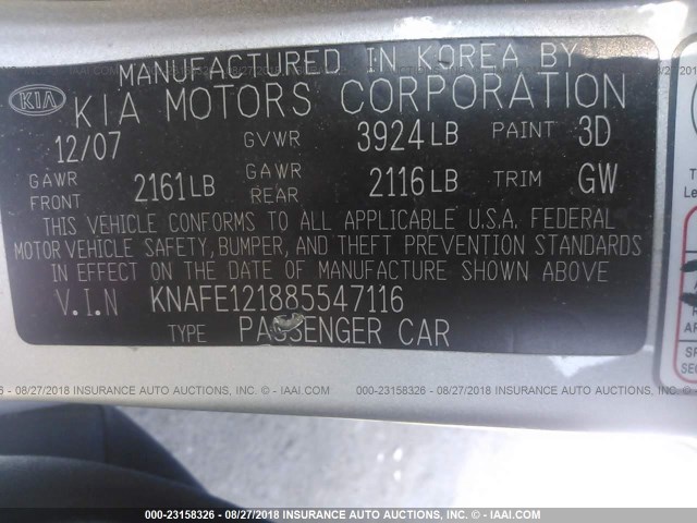 KNAFE121885547116 - 2008 KIA SPECTRA EX/LX/SX SILVER photo 9